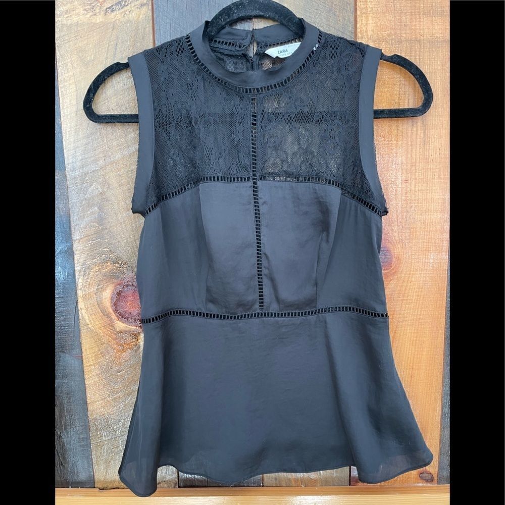 ZARA sleeveless black top with lace bodice and back, raw edge trim, peplum style